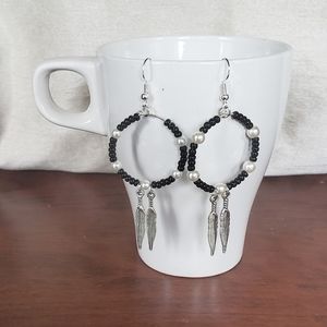 Feather Silver Hoop Earrings with Black Beading